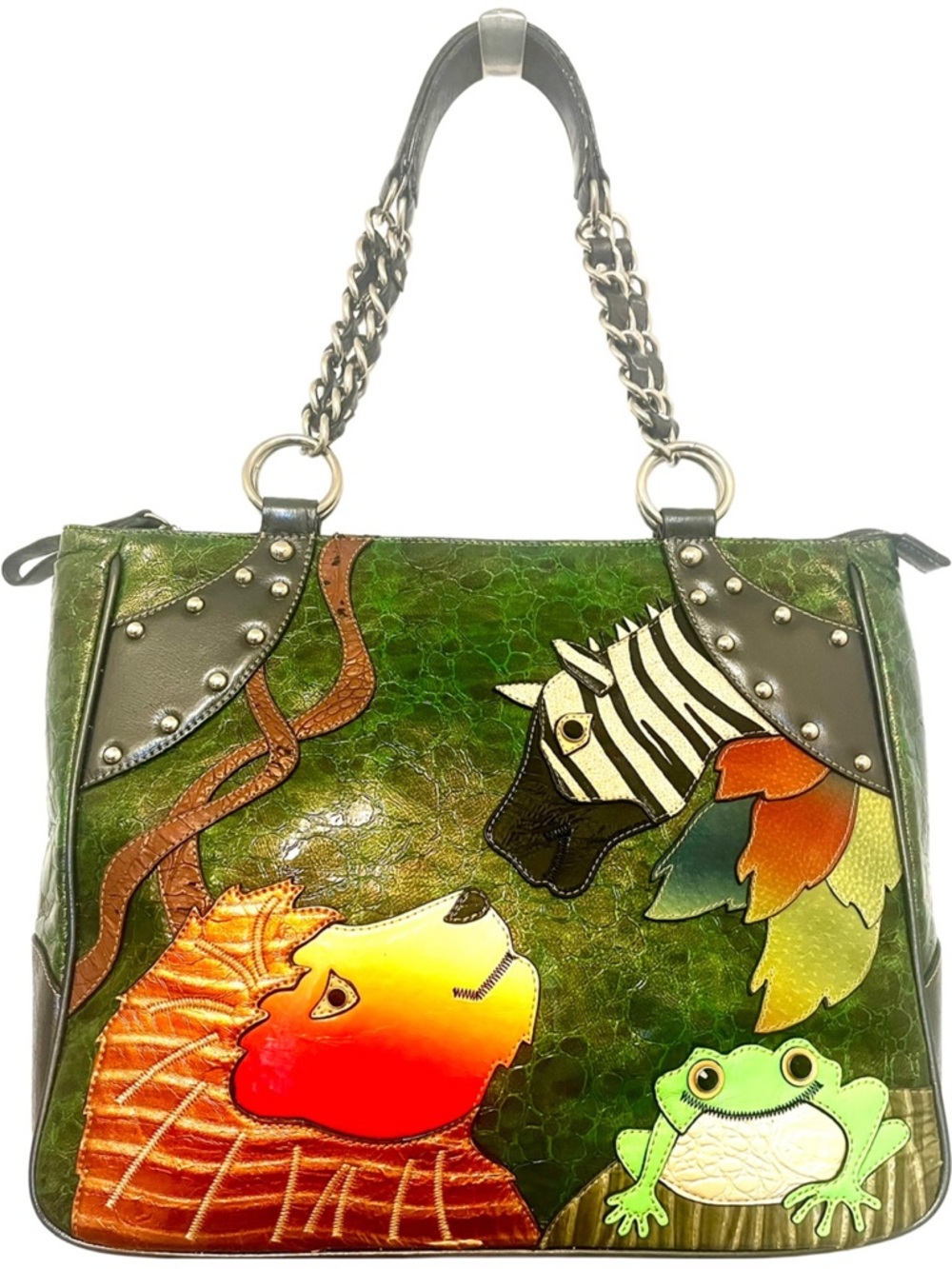 Sharif Couture Vintage Green Animal Appliqué Leather Tote Shoulder Bag